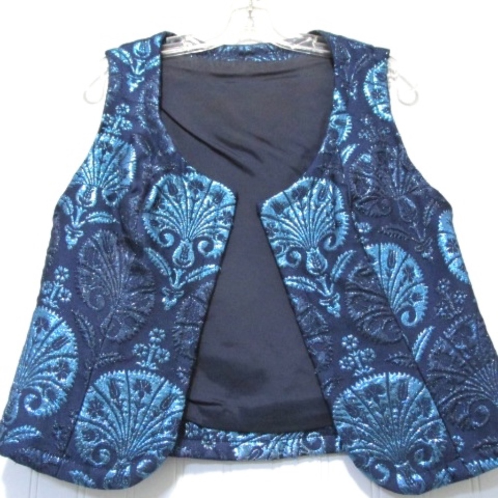 Metallic Blue Turquoise Open Front Cropped Brocade Vest, Size S